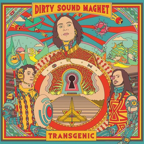 "DIRTY SOUND MAGNET", "TRANSGENIC". Eine bunte, verspielte Illustration mit futuristischen und psychedelischen Motiven.