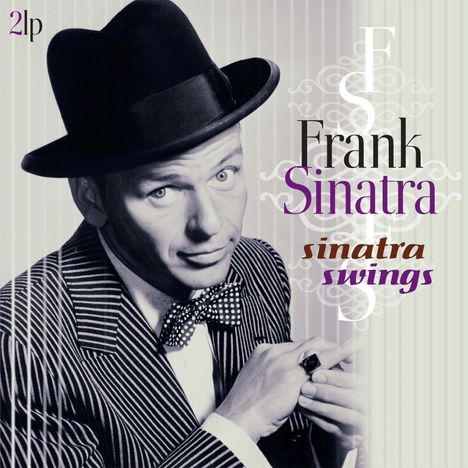 „2lp“, „Frank Sinatra“, „sinatra swings“. Ein Mann im Anzug und Hut, schwarz-weiß, eleganter Stil.