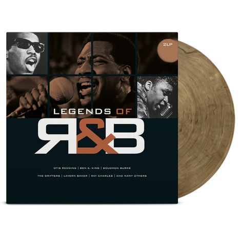 Text: "LEGENDS OF R&B", "2LP". Fotos von Sängern, braun-goldene Schallplatte, stilvolles Design.