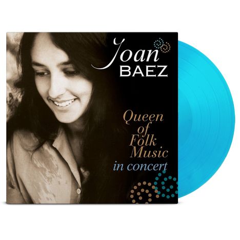 Text: "Joan Baez, Queen of Folk Music, in concert." Schwarz-weißes Porträt, lächelnde Frau. Blaue Schallplatte.