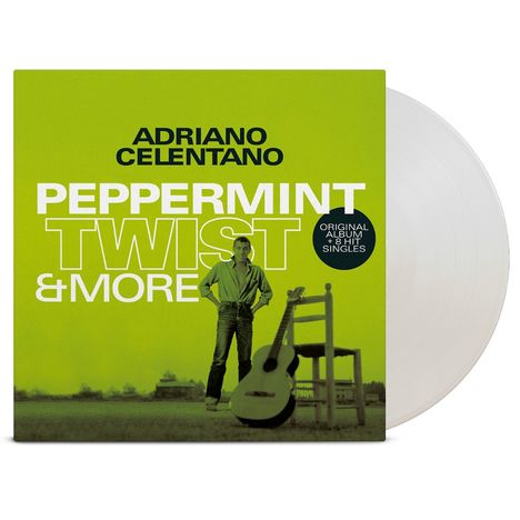 Text: "ADRIANO CELENTANO, PEPPERMINT TWIST & MORE, ORIGINAL ALBUM + 8 HIT SINGLES." Ein Mann steht neben einem Stuhl mit Gitarre.