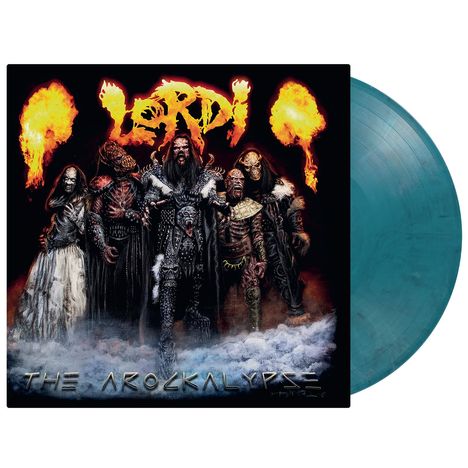 Text: "Lordi", "The Arockalypse". Illustration: Fünf rockig gekleidete Monsterfiguren vor flammendem Hintergrund und eine türkisfarbene Schallplatte.