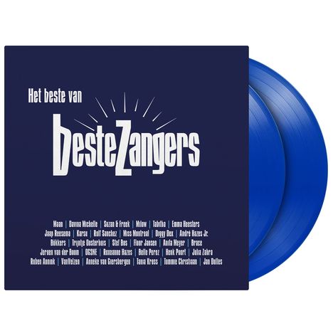Titel "Het beste van Beste Zangers" und blaue Schallplatten sichtbar. Liste von Künstlernamen darunter.