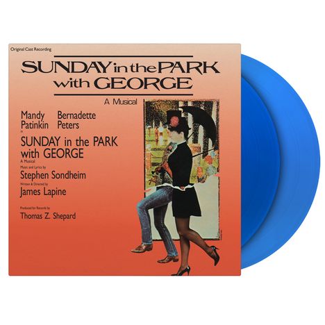„SUNDAY in the PARK with GEORGE“; Mandy Patinkin, Bernadette Peters, Musik: Stephen Sondheim. Zwei blaue Schallplatten.