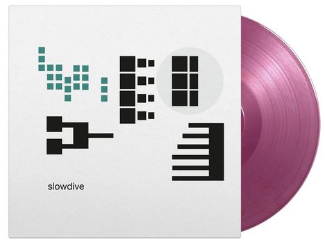 "slowdive" steht in kleiner Schrift. Abstrakte geometrische Formen auf weißem Hintergrund. Eine lila Vinyl-Schallplatte.