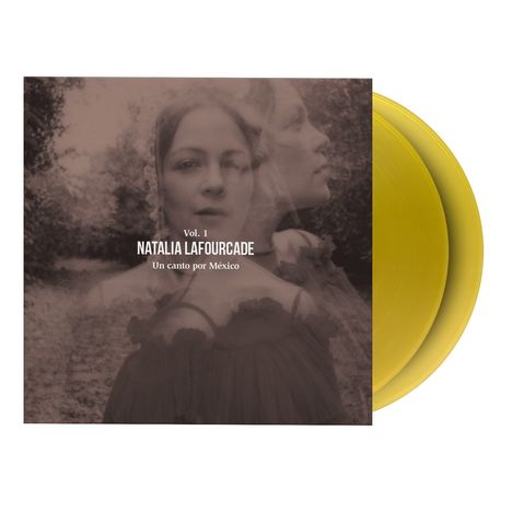 Text: "Vol. 1, NATALIA LAFOURCADE, Un canto por México." Sepia-Ton Porträt einer Frau vor Landschaft, gelbe Vinyl-Schallplatte.