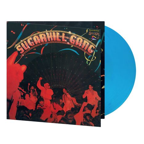 Cover der Schallplatte "Sugarhill Gang" mit roter Konzertszene; blaue Vinyl-Schallplatte sichtbar.