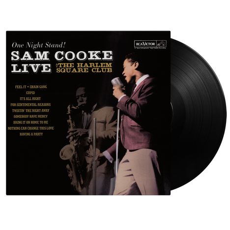"One Night Stand! Sam Cooke Live at The Harlem Square Club." Sänger mit Mikrofon, Saxophonist im Hintergrund. Vinyl-Schallplatte.