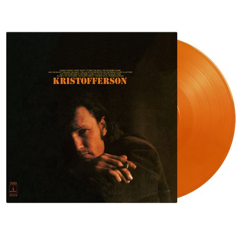 Text oben: Songtitel und "KRISTOFFERSON".  
Darunter ein Mann, der nachdenklich aussieht.  
Orangefarbene Schallplatte daneben.