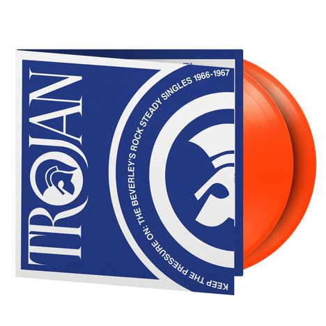 "THE BEVERLEY'S ROCK STEADY SINGLES 1966-1967". Blaues Album-Cover mit weißem Text und Helm-Logo. Orangenes Vinyl.