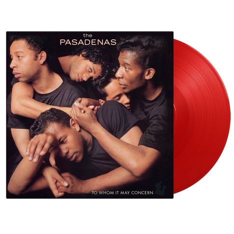 Album-Cover: "the PASADENAS" und "TO WHOM IT MAY CONCERN". Fünf Personen in schwarzer Kleidung, rote Vinyl-Schallplatte.