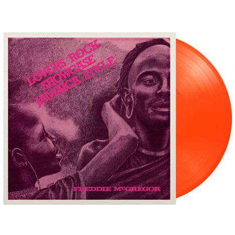 Text: "LOVERS ROCK SHOWCASE JAMAICA STYLE" und "FREDDIE MCGREGOR".  
Illustration: Zwei Personen, eine orangefarbene Vinyl-Schallplatte.