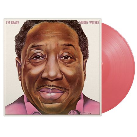 Texte: "I'M READY", "MUDDY WATERS". Illustration eines Mannes, nahes Porträt, rosa Schallplatte sichtbar.