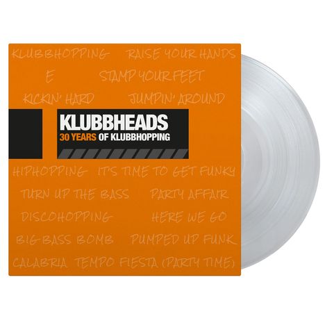 Albumcover mit orangefarbenem Hintergrund. Text: "KLUBBHEADS 30 YEARS OF KLUBBHOPPING". Transparentes Vinyl sichtbar.