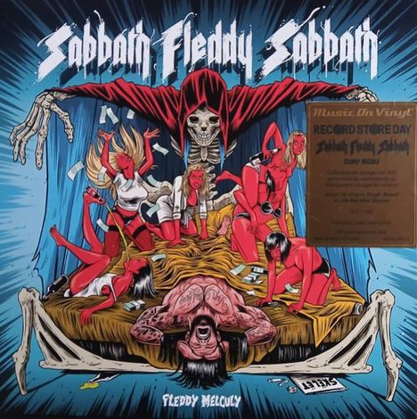 „Sabbath Fleddy Sabbath“ in gotischer Schrift oben. Illustration zeigt Skelett in rotem Umhang, rote Figuren tanzen.