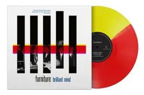 Covertext: "furniture brilliant mind". Gelbe und rote Schallplatte, Cover mit schwarzen Balken über Bandfoto.