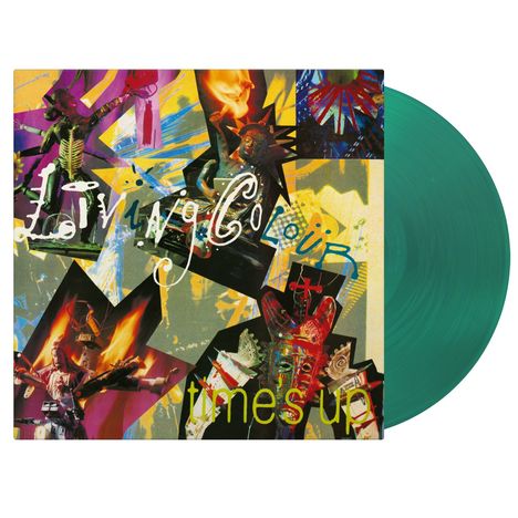„Living Colour“ oben, „Time’s Up“ unten. Bunte, abstrakte Kunst mit dynamischen Figuren und grüner Vinyl-Schallplatte.