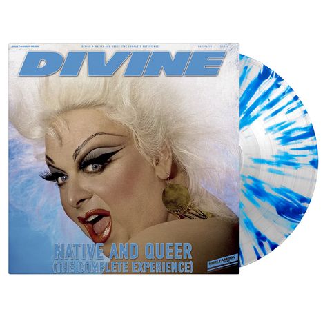 "Native and Queer (The Complete Experience)" in blauer Schrift, Porträt einer Person mit starkem Make-up, Plattencover.