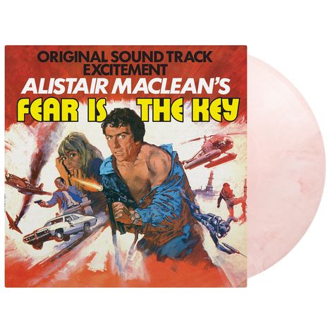 Text: "Original Sound Track Excitement. Alistair MacLean's Fear is the Key." Illustration: Mann und Frau in Action-Szene.