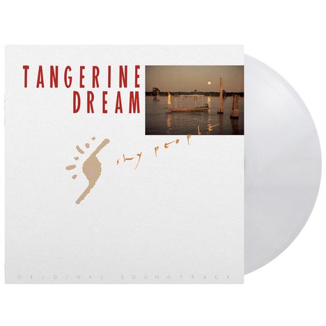 Texte: "TANGERINE DREAM", "shy people", "ORIGINAL SOUNDTRACK". Bild: Ein See mit Pfählen und einem Floß bei Sonnenuntergang.
