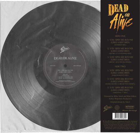 Texts: "Dead or Alive," "You Spin Me Round (Like a Record)," mehrere Mix-Versionen. Schwarze Vinyl-Schallplatte.
