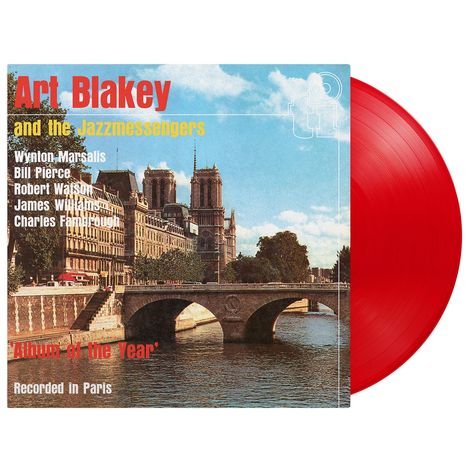 Text: "Art Blakey and the Jazzmessengers. Album of the Year. Recorded in Paris." Rotes Vinyl und Notre Dame im Hintergrund.
