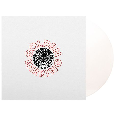 „GOLDEN EARRING“ umrahmt ein abstraktes schwarzes Maskenmuster. Schlichtes Design auf weißem Hintergrund.