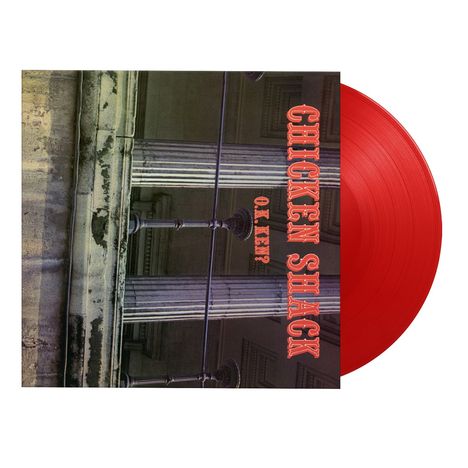 Text: "CHICKEN SHACK", "O.K. KEN?". Ein Gebäude mit Säulen, rechts davon eine rote Schallplatte.