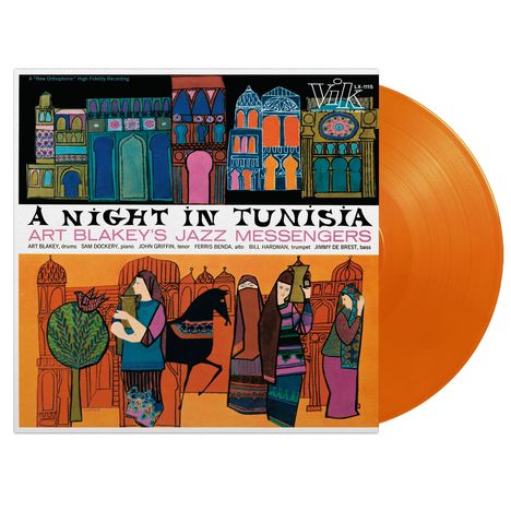 "A Night in Tunisia", Art Blakey's Jazz Messengers. Illustration mit bunten Stadtmotiven und Menschen, orangefarbene Vinylschallplatte.