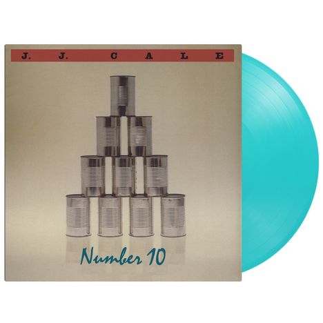 Text: "J. J. Cale" oben, "Number 10" unten. Zehn Dosenpyramide auf beigefarbenem Hintergrund, türkisfarbene Schallplatte.