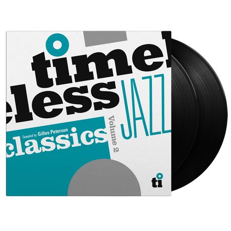 Text: "timeless JAZZ classics Volume 2, Compiled by Gilles Peterson." Zeigt Vinyl-Schallplattenhüllen mit modernem Design.