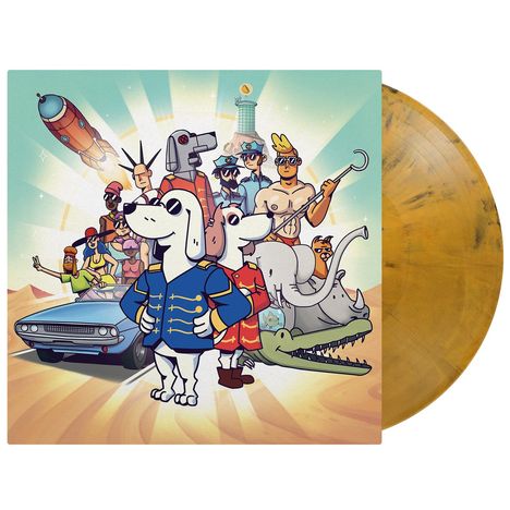 Eine Illustration zeigt eine bunte Gruppe von Cartoon-Figuren, Tieren und einem Auto vor strahlendem Himmel.