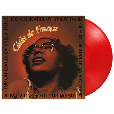 "20 PALAVRAS AO REDOR DO SOL", "Cátia de França" in geschwungener Schrift. Rotes Vinyl, Porträt einer Frau mit Brille.