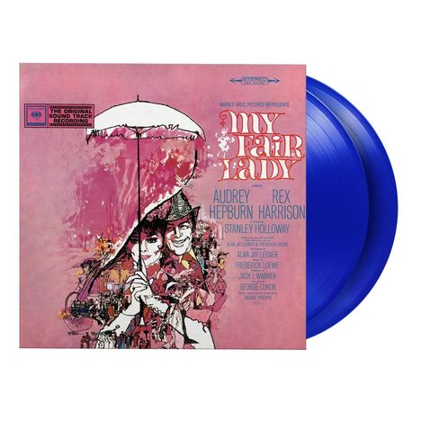"My Fair Lady" in stilisierter Schrift, Audrey Hepburn, Rex Harrison. Illustration: Paar unter Schirm; Platten in Blau.