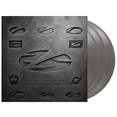 A State of Trance 25 Years, The Official Anthem Collection. Gravierte Logos auf einem grauen, metallischen Hintergrund.