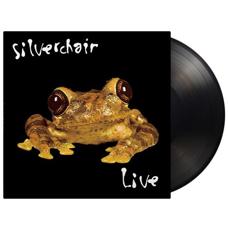 „silverchair Live“ in weißer Schrift auf Schwarz. Eine gelbe Kröte mit großen Augen blickt direkt nach vorne. Vinylplatte sichtbar.