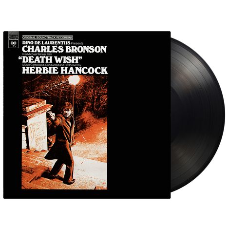"Original Soundtrack Recording", "Charles Bronson", "Death Wish", "Herbie Hancock". Illustration: Mann auf Treppe, nächtliche Szene.