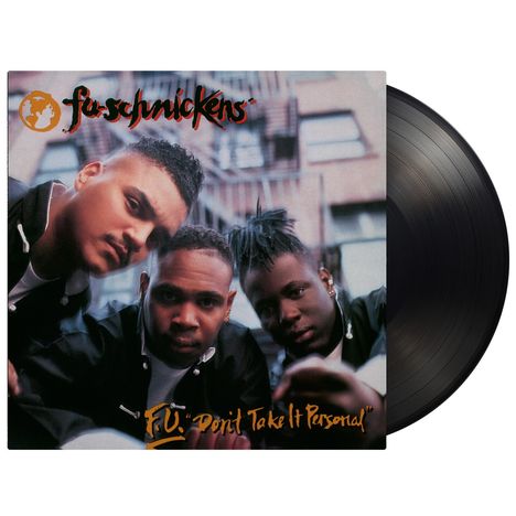 "F.U. 'Don't Take It Personal'" in orange Schrift, drei Personen in Jacken, unscharfer Hintergrund, Vinyl-Schallplatte.