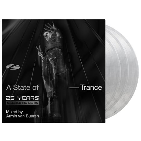 "A State of Trance", "25 Years Selected Highlights", "Mixed by Armin van Buuren". Ein Musiker in Schwarz-Weiß, vinylähnlich.