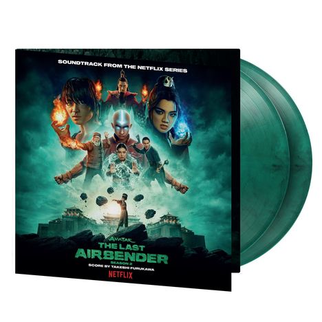"Soundtrack from the Netflix Series, Avatar: The Last Airbender, Season 2" Text in der Mitte, Figuren mit Elementarkräften.