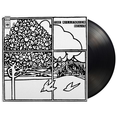 Text: "The Millennium Begin". Illustration: Zwei Vögel, ein blühender Baum, eine Hügel-Landschaft mit Häusern und Wolken.
