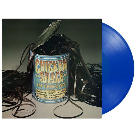Text: "Chicken Shack In the Can" und Namen von Musikern. Eine geöffnete Dose mit herausquellenden Tonbändern. Blaue Vinyl-Schallplatte.