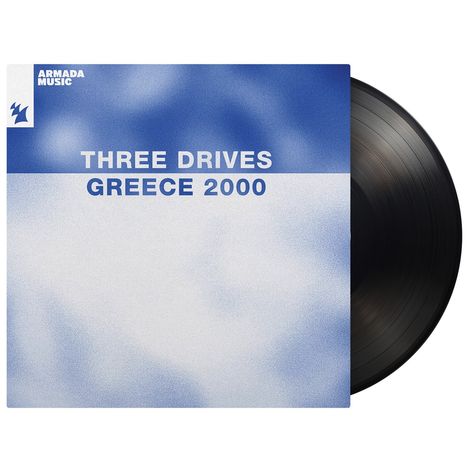 Text: "THREE DRIVES GREECE 2000." Blauer Hintergrund, weiße und blaue Schrift. Links oben "ARMADA MUSIC" neben Logo.