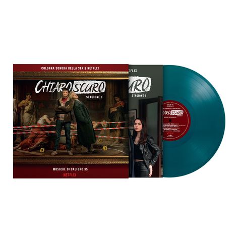 CHIAROSCURO, Stagione 1, Musiche di Calibro 35, Netflix. Ein Gemälde mit Personen und einem Vinyl-Schallplatten-Set.