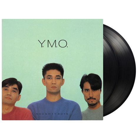 Text oben: "Y.M.O." 
Unten: "NAUGHTY BOYS". 
Drei Männer in bunten Pullovern, Vinyls sichtbar.