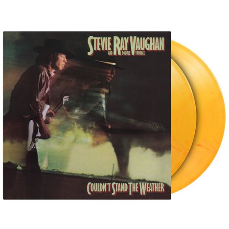 "Stevie Ray Vaughan and Double Trouble: Couldn't Stand the Weather." Gitarrenspielende Person vor einem stürmischen Hintergrund.