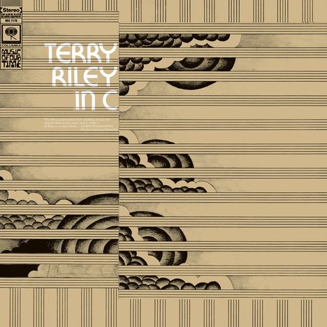 Cover mit Text "TERRY RILEY IN C". Graphische horizontale Linien und stilisierte Wolkenmuster auf beigem Hintergrund.