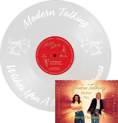 "Modern Talking" steht groß auf einer durchsichtigen Schallplatte. Unten ist ein Albumcover mit zwei Personen.