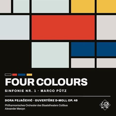 "FOUR COLOURS, SINFONIE NR. 1 · MARCO PÜTZ." Ein abstraktes Design aus großen farbigen Rechtecken in Rot, Gelb, Blau und Grau.