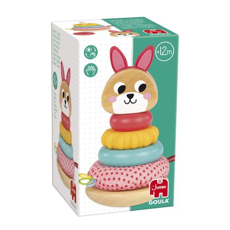 „+12m“. Eine bunte Spielzeugpyramide mit einem Kaninchengesicht obenauf. Die Verpackung hat ein Kinderdesign.